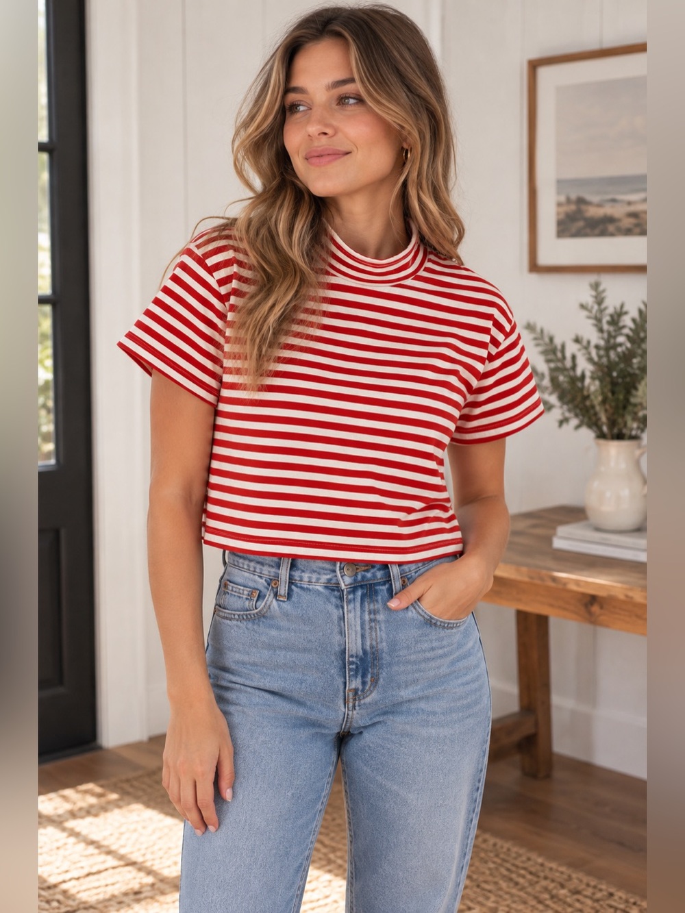 Julianna Red White Striped Crop Top Mock Neck Short Sleeve Cotton Blend Large
